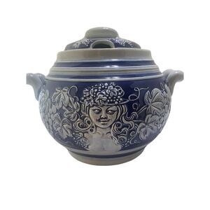 Keramic Blue White Ceramic Stoneware Two Faces Good Evil Punch Bowl and 5 Cups